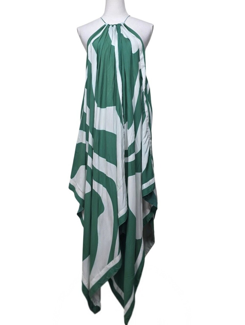 Anthropologie Let Me Be Green and White Halter Handkerchief Maxi Dress